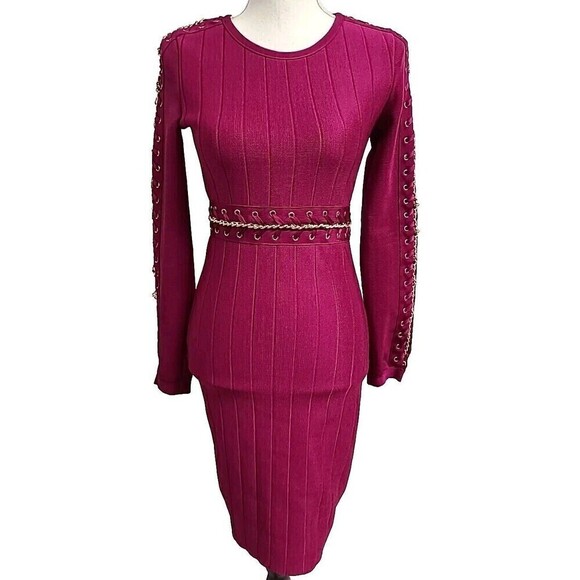 WOW GOLD LABEL Bandage Long Sleeve Dress Gold Chain Fuchsia Pink Women's Size S - Picture 1 of 12